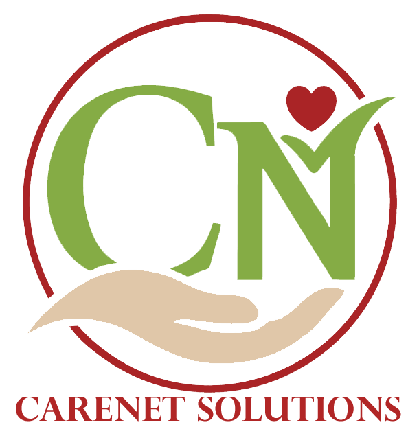 CareNet Logo: A red circle containing a green C and N styled with a heart and a checkmark. Underneath, an upturned hand represents care and support.